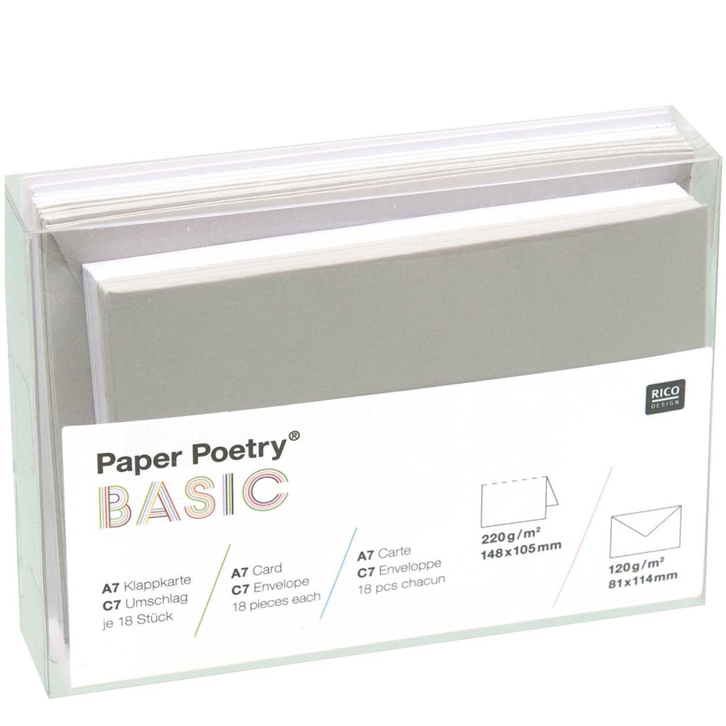 Paper Poetry, 15 Klappkarten + 15 Kuverts A7/C7, grau/ weiß von Rico Design