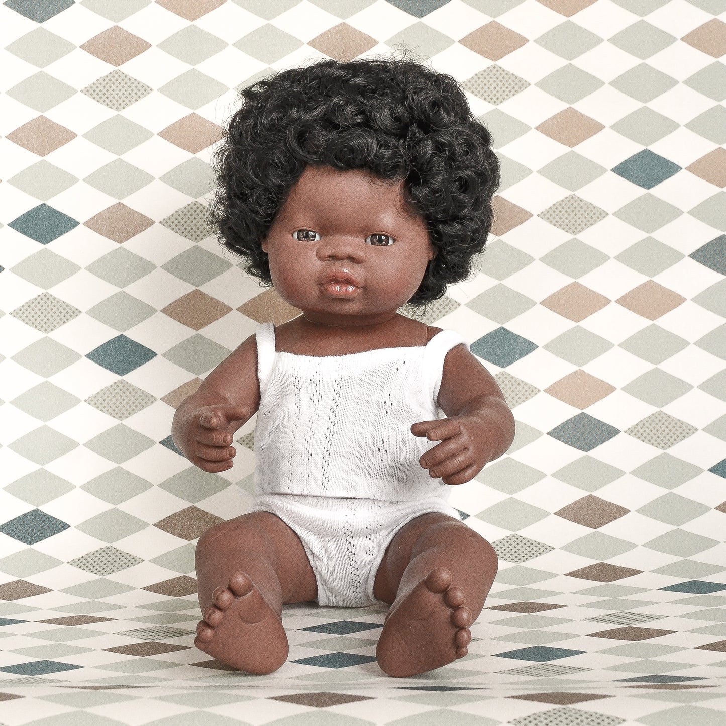 Puppe afrikanisch, schwarze Locken, Junge, 38cm, Miniland