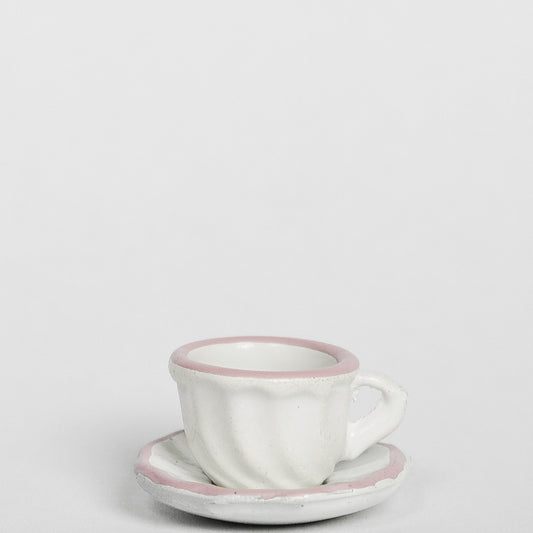 Kaffeetasse mit Untertasse rosa/weiß, Miniatur für das Puppenhaus 1:12